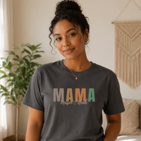 Custom mama t-shirt with kids names on pepper gray shirt, woman of color wearing front tuck, earth tone mama tee