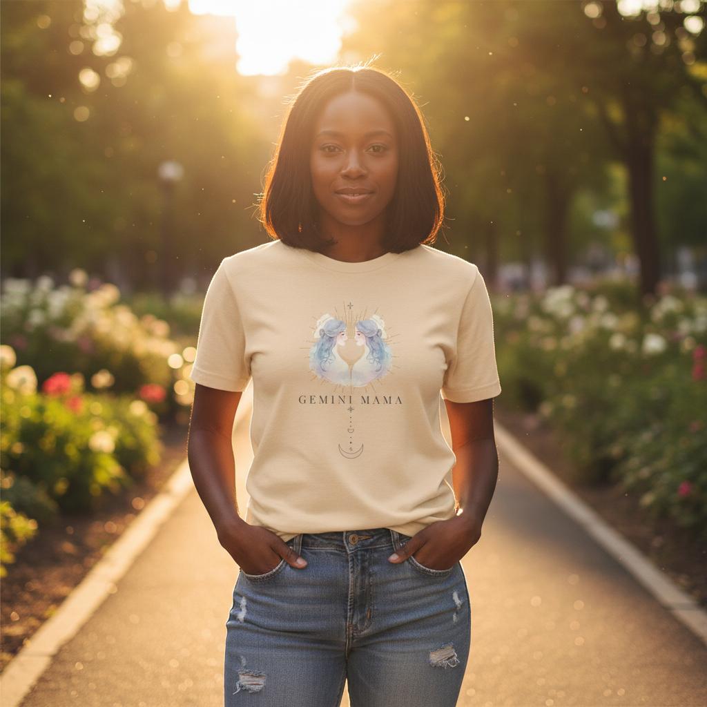 Woman wearing ivory Gemini Mama zodiac t-shirt outdoors at golden hour, twin zodiac artwork centered
