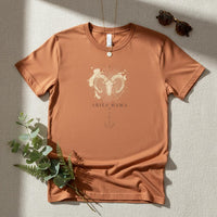 Load image into Gallery viewer, Flat lay of sandstone Aries Mama zodiac t-shirt with printed watercolor ram design on neutral background