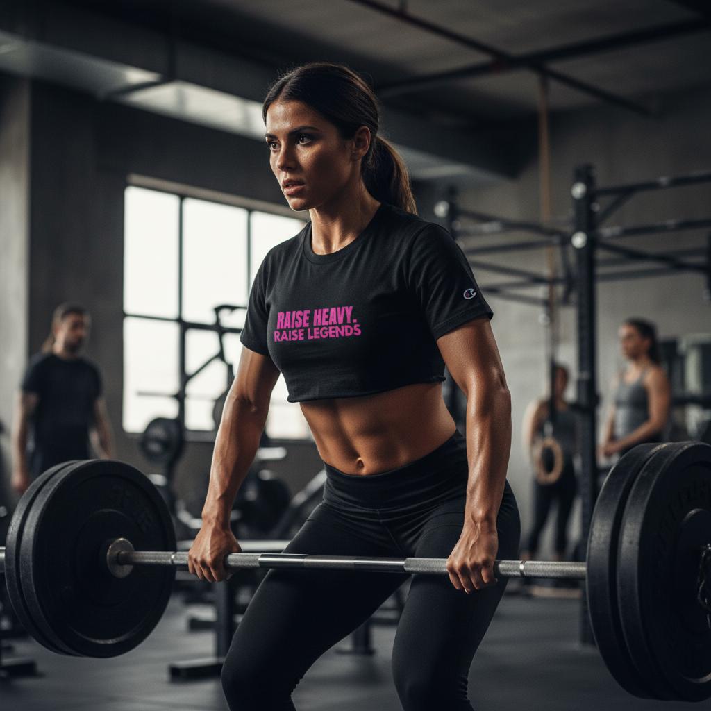 Woman lifting weights in a gym wearing a black cropped Raise Heavy Raise Legends Champion tee
