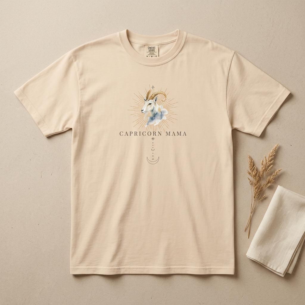 Capricorn Mama ivory zodiac graphic t-shirt laid flat on neutral background