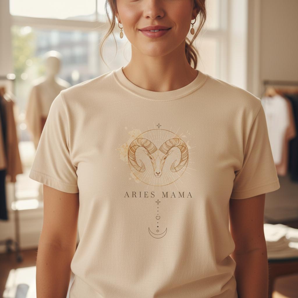 Close-up of ivory Aries Mama zodiac t-shirt showing watercolor ram design on chest