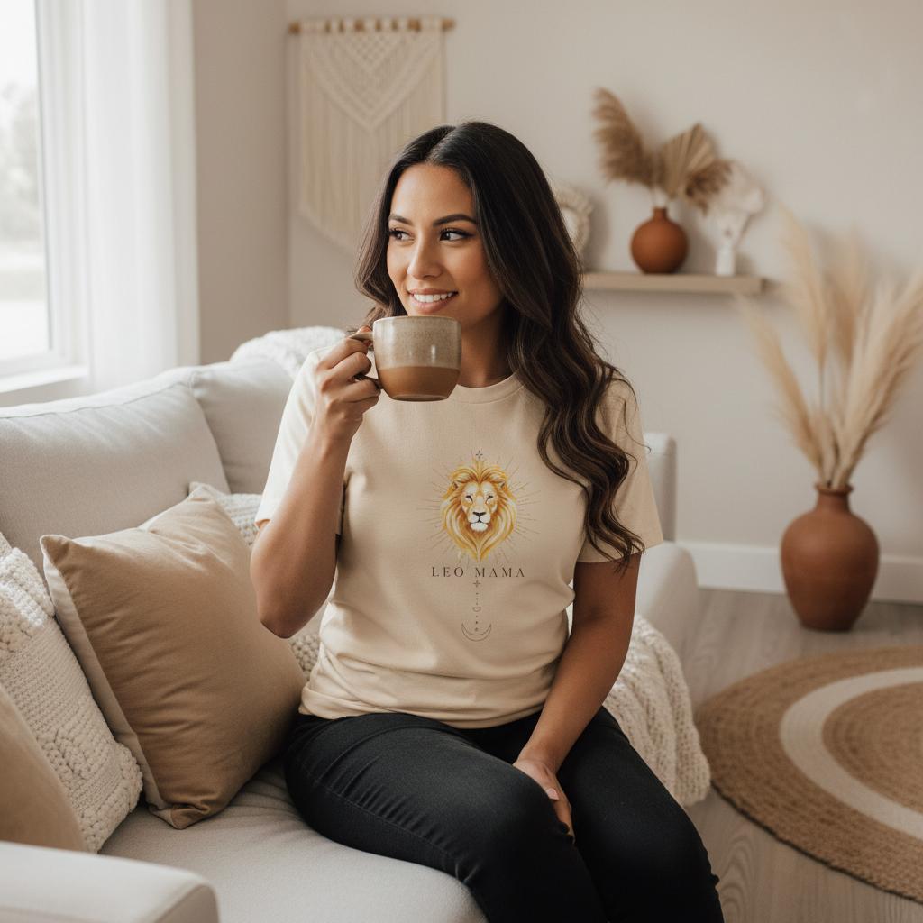 Latina woman sitting indoors wearing an ivory Leo Mama zodiac graphic t-shirt and jeans