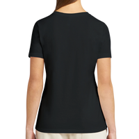 Back view of black women’s t-shirt, short sleeve relaxed fit tee with plain back