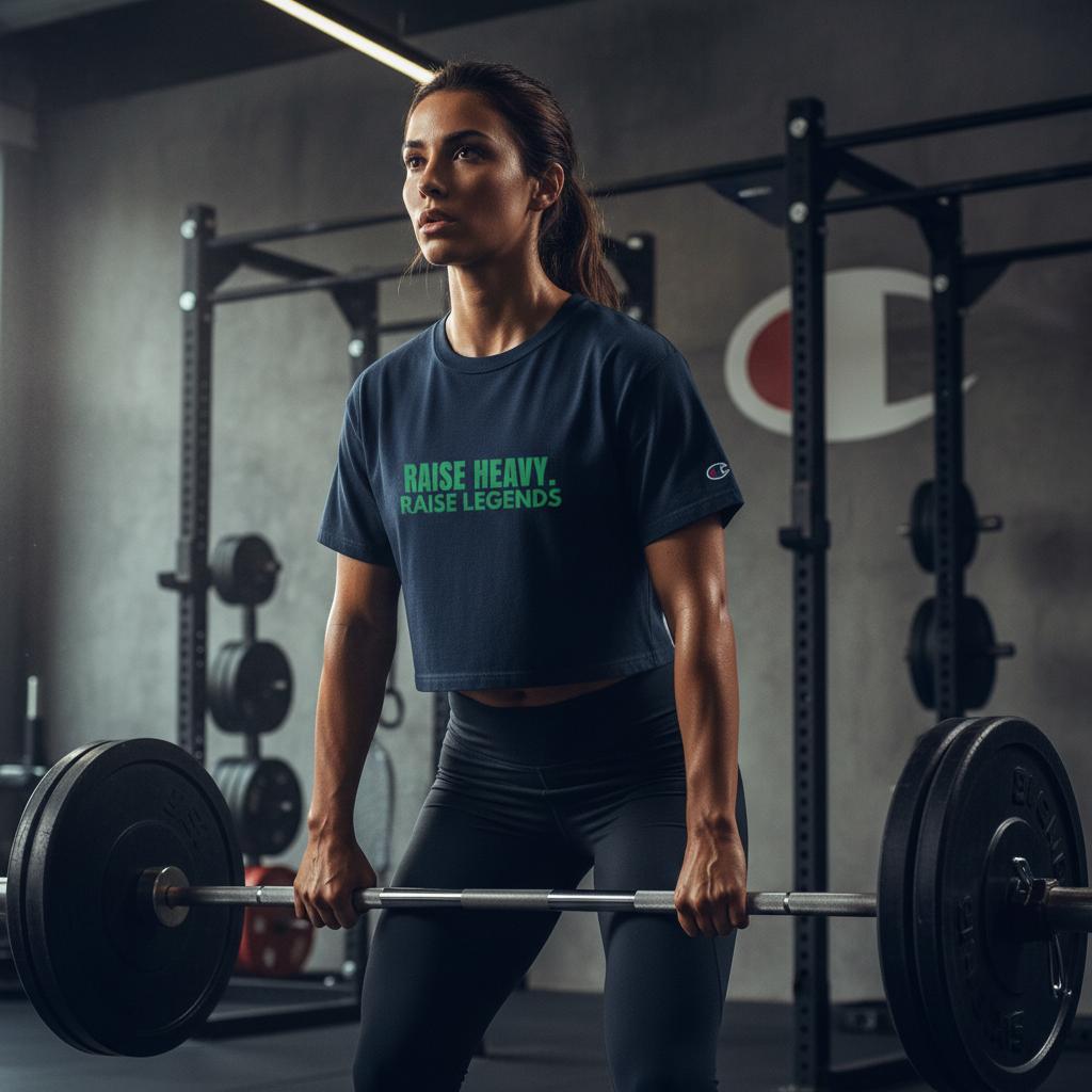 Athletic woman deadlifting in a gym while wearing a navy Raise Heavy Raise Legends cropped workout tee