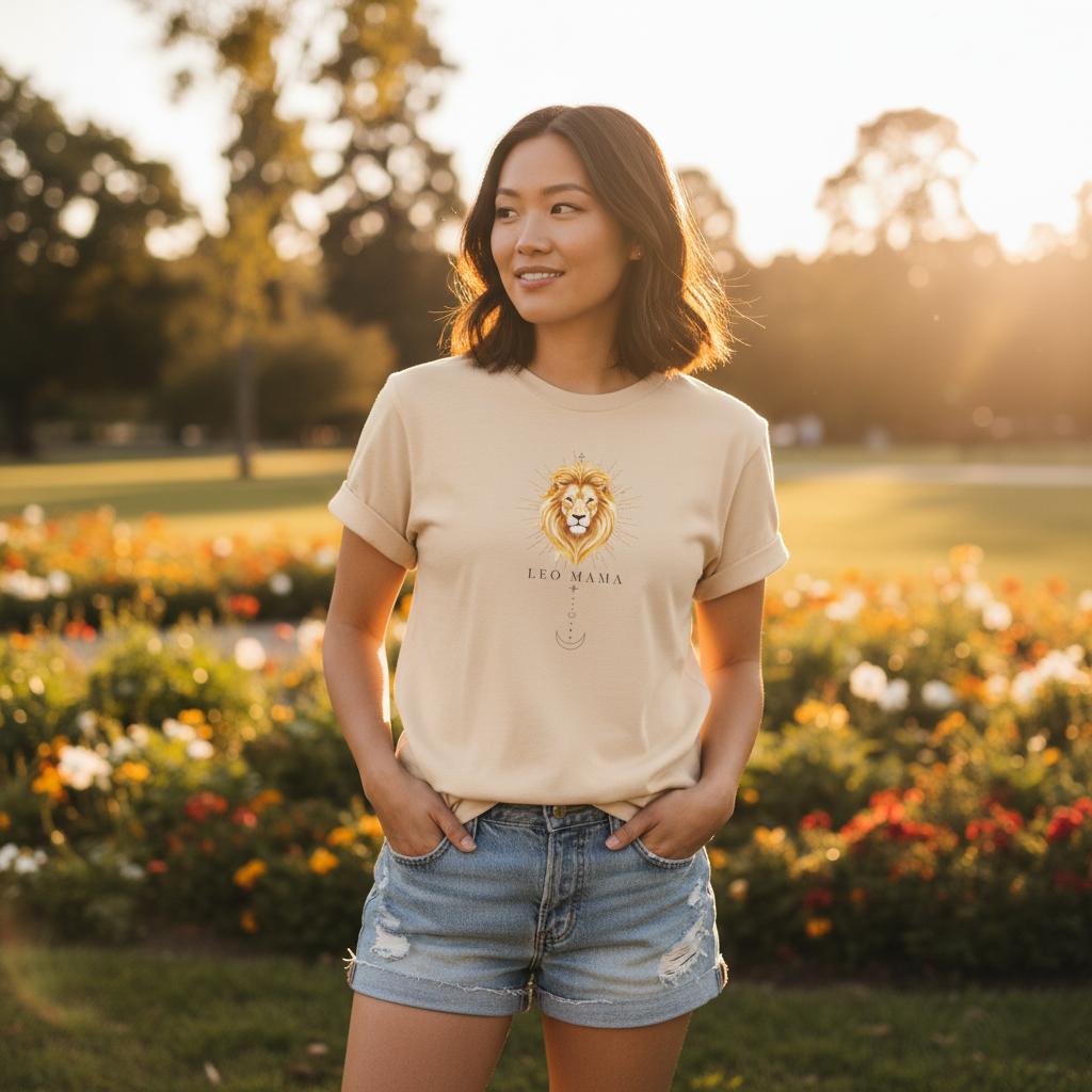 Asian woman wearing an ivory Leo Mama zodiac graphic t-shirt standing outdoors in a sunny flower garden