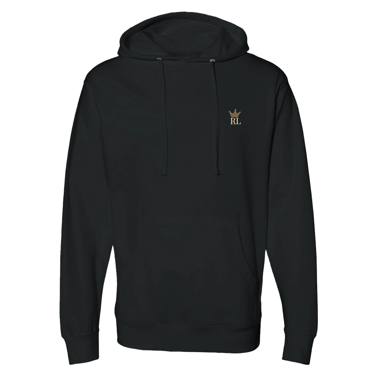 Front view of black Raising Legends hoodie with minimalist crown and RL logo.