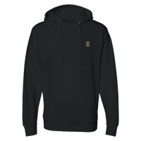Load image into Gallery viewer, Front view of black Raising Legends hoodie with minimalist crown and RL logo.