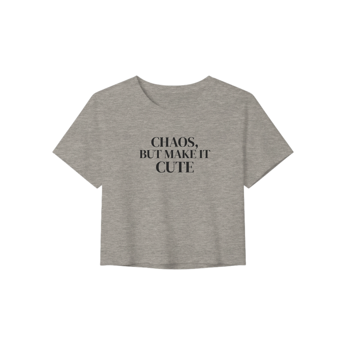 Heather dust “Chaos, But Make It Cute” cropped graphic t-shirt front view on neutral background
