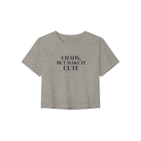 Heather dust “Chaos, But Make It Cute” cropped graphic t-shirt front view on neutral background