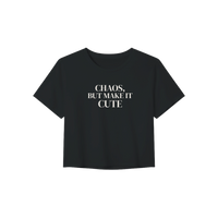 Black t-shirt with white text 'CHAOS, BUT MAKE IT CUTE' on a white background