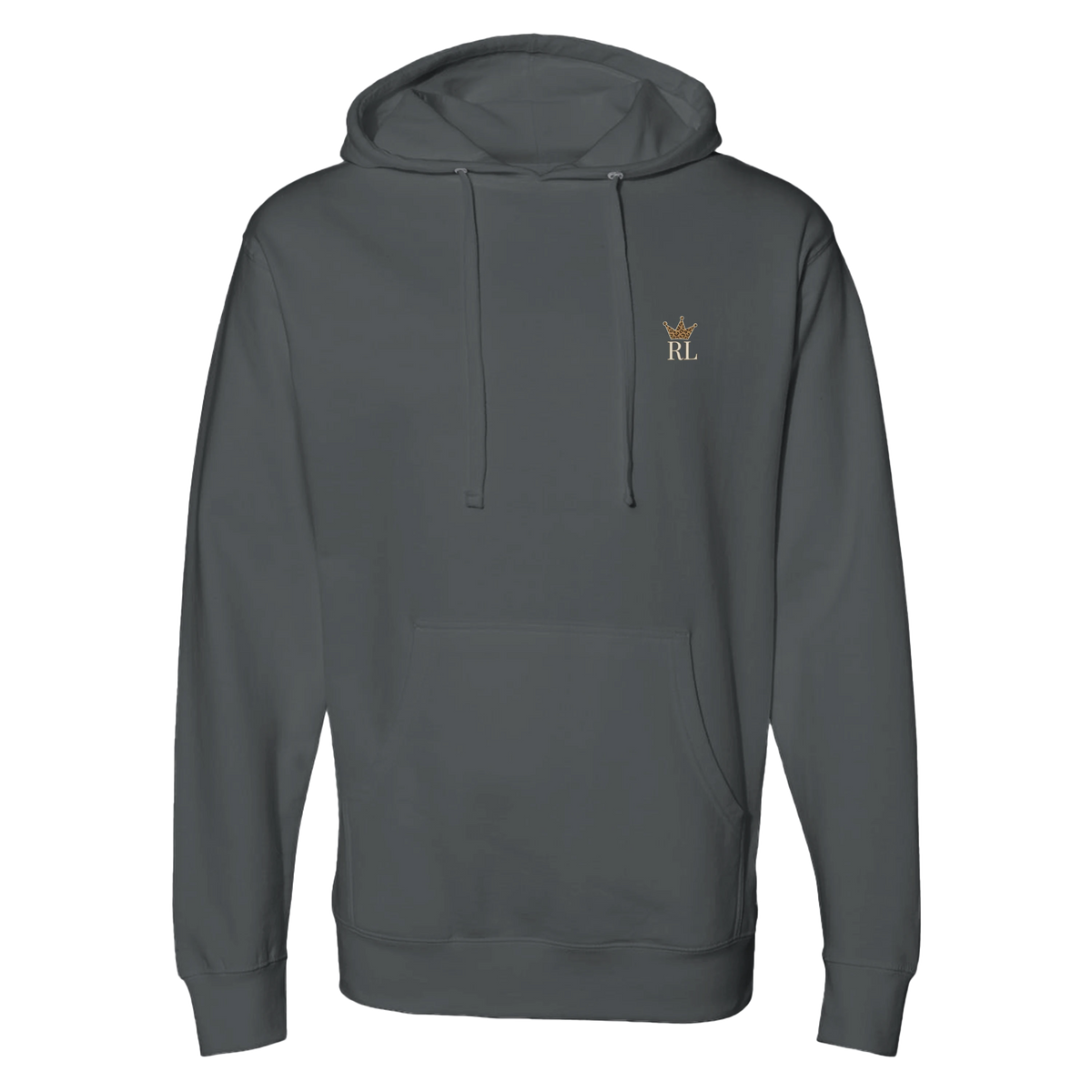 Front view of charcoal Raising Legends hoodie with small crown and RL logo on the chest.