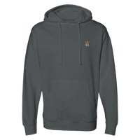 Front view of charcoal Raising Legends hoodie with small crown and RL logo on the chest.
