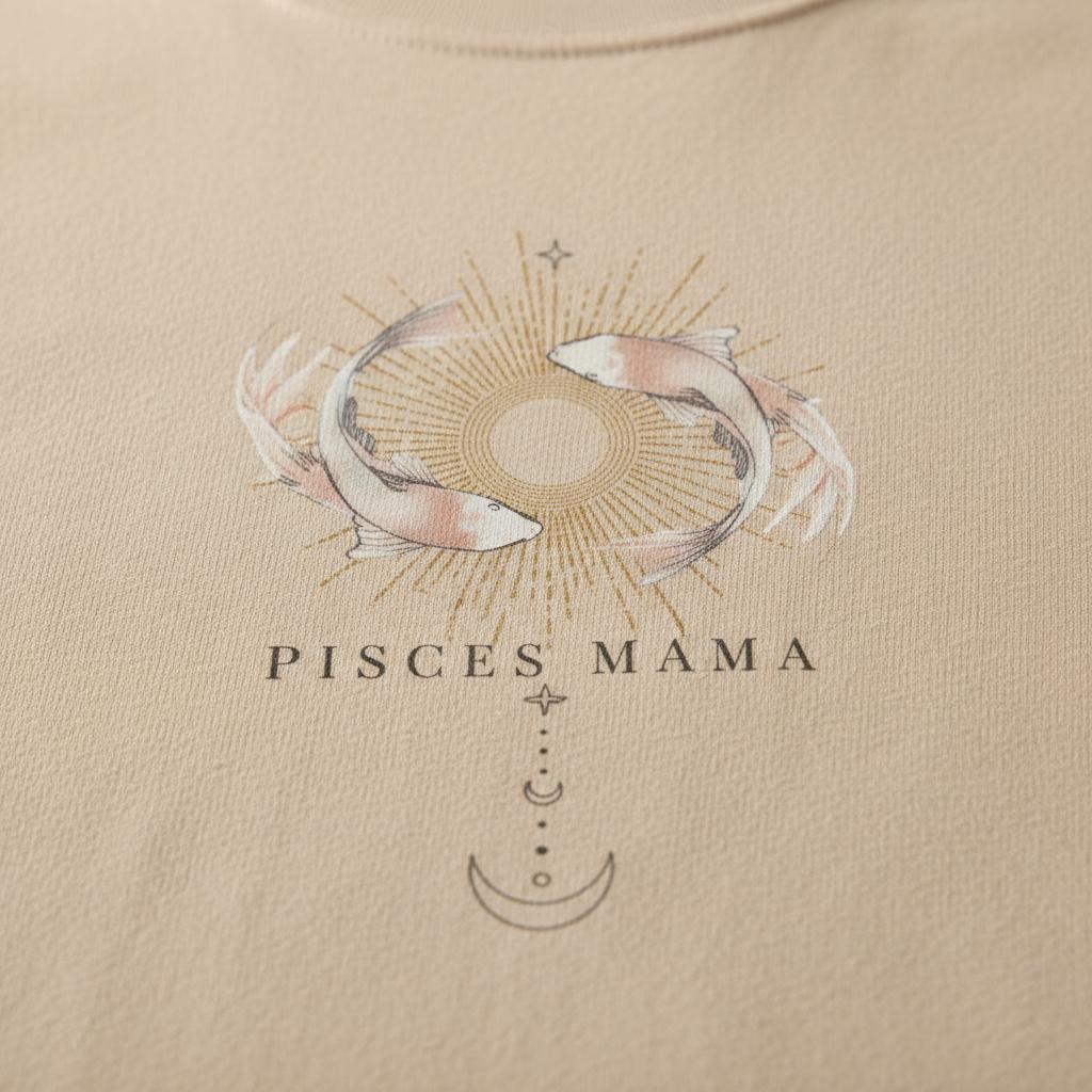 Close-up detail of Pisces Mama celestial koi zodiac graphic printed on ivory t-shirt