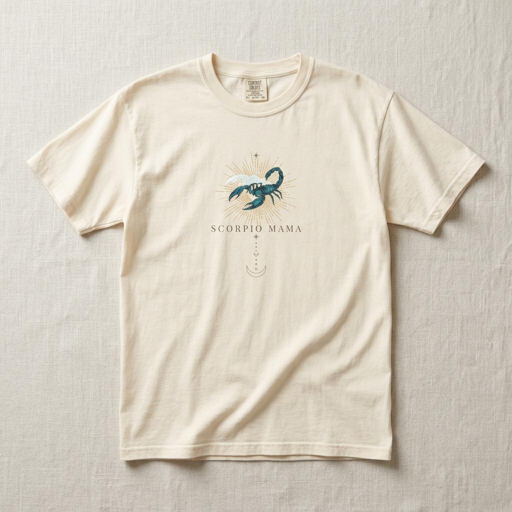 Scorpio Mama ivory zodiac mom graphic t-shirt flat lay on neutral linen background