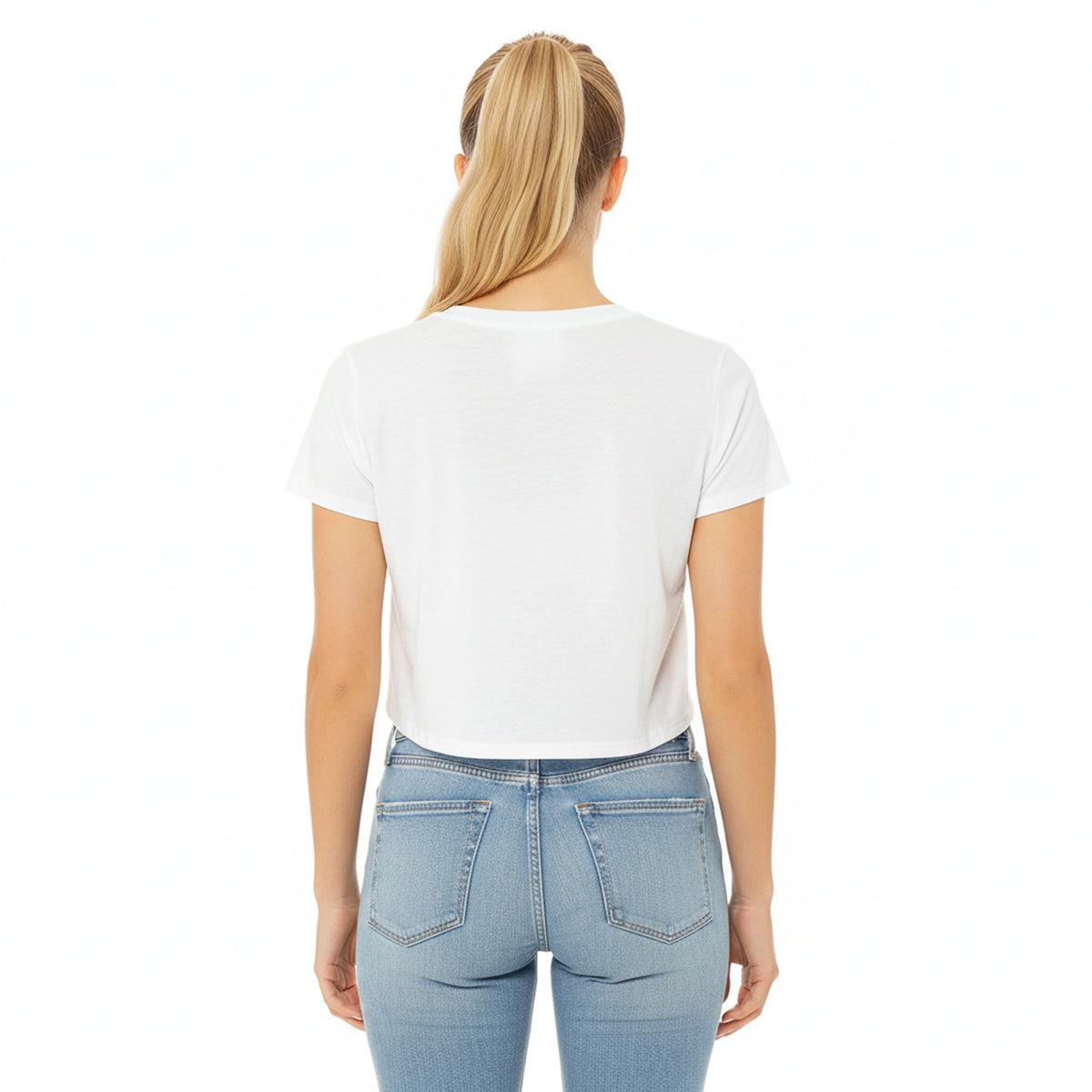 Back view of white cropped women’s t-shirt, relaxed fit short sleeve tee