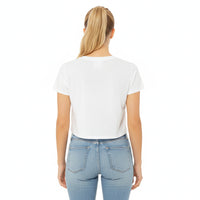 Back view of white cropped women’s t-shirt, relaxed fit short sleeve tee
