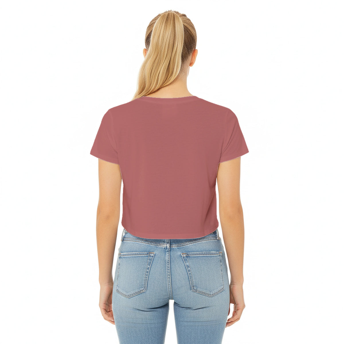 Back view of mauve cropped women’s t-shirt, relaxed fit short sleeve tee, plain back design