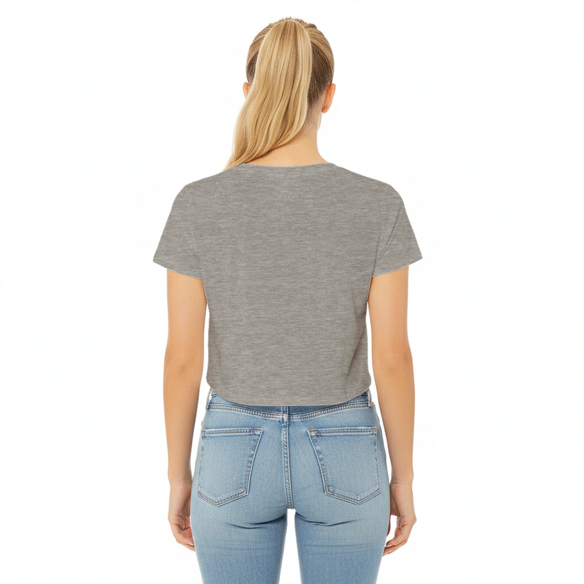 Back view of heather dust cropped women’s t-shirt, relaxed fit short sleeve tee
