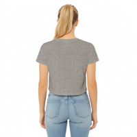 Back view of heather dust cropped women’s t-shirt, relaxed fit short sleeve tee